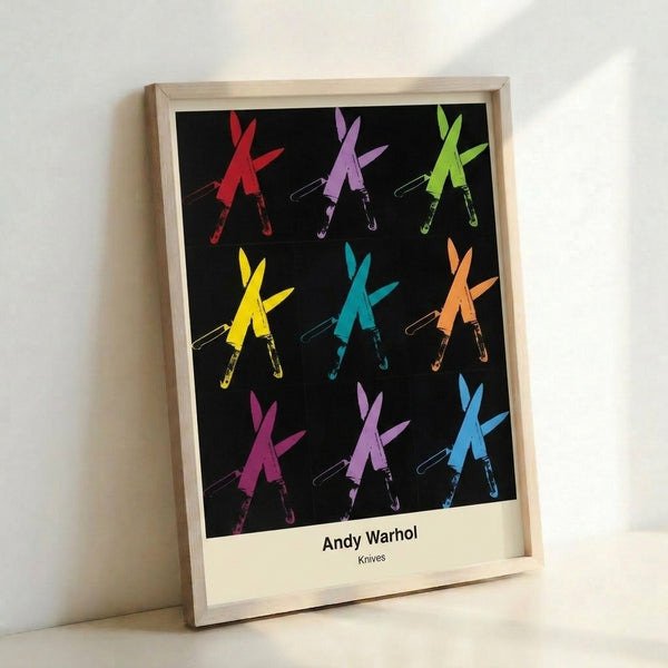 Framed poster displaying bold knife forms arranged in a grid pattern using black, silver, and red on white, characteristic of contemporary pop art commentary.