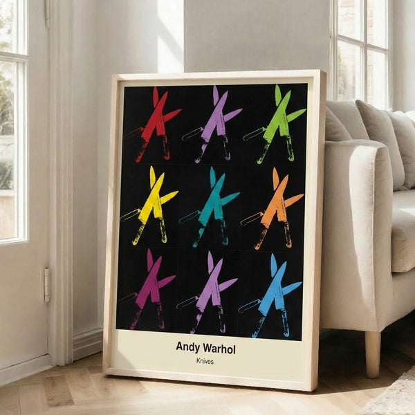 Contemporary wall art showing multiple knife outlines in contrasting blacks and whites with red highlights, creating a provocative meditation on violence.