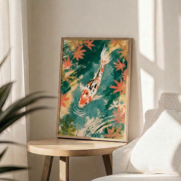 Japandi wall art depicting graceful koi fish gliding through water surrounded by falling autumn foliage, combining traditional Japanese aesthetics with calm, meditative color palette of gold and deep green.
