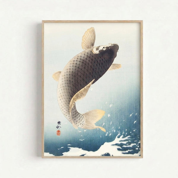 Vintage-style art print depicting an elegant koi in mid-leap, rendered in traditional Japanese woodblock technique with dark grey and cream palette.