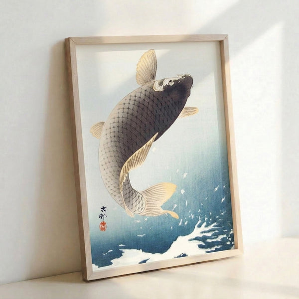 Serene Japanese-inspired framed poster showing a graceful koi fish in contemplative motion, featuring soft blues, golds, and cream hues.