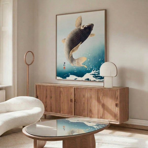 Asian cultural wall art print showing a leaping koi fish in traditional woodblock aesthetic, featuring serene cream, pale blue, and gold coloring.