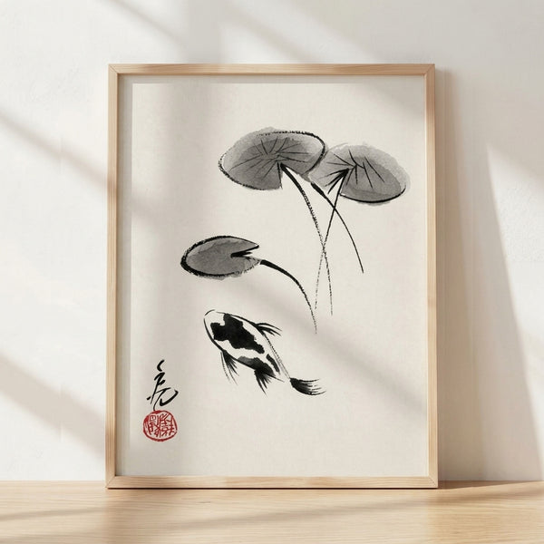 Serene sumi-e ink painting featuring a koi fish swimming among lily pads in minimalist black and gray line art, framed as a wall art print.
