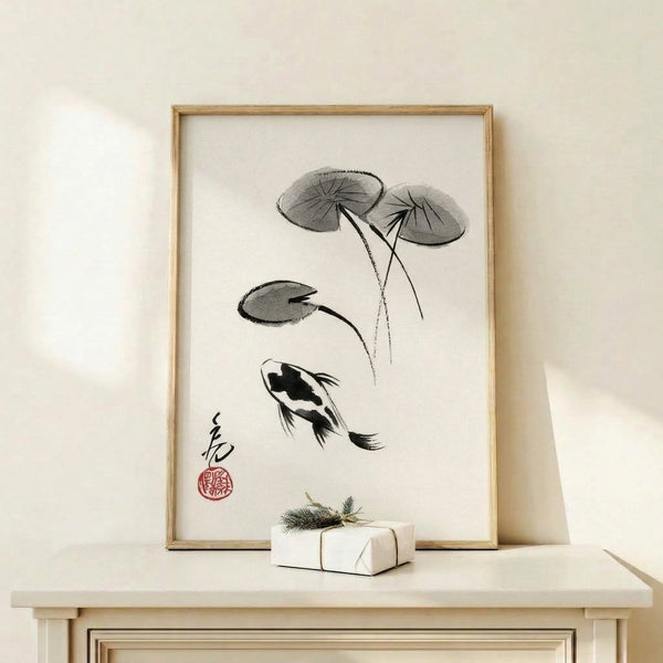 Elegant Japanese-inspired framed poster with a single koi and water lilies rendered in meditative monochrome brushwork and fine line details.