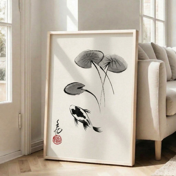Minimalist zen wall art print displaying a graceful koi fish near floating lily pads in black ink on cream background, Japanese woodblock style.