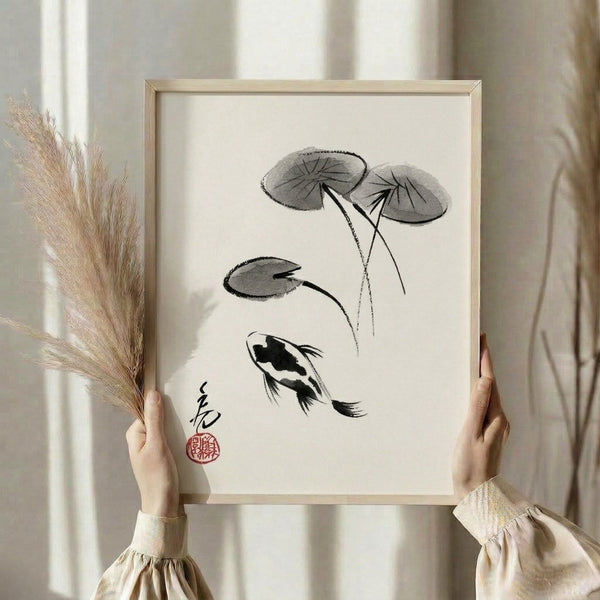 Tranquil monochromatic ink painting of a koi among aquatic plants, framed as a serene art print with delicate sumi-e linework.