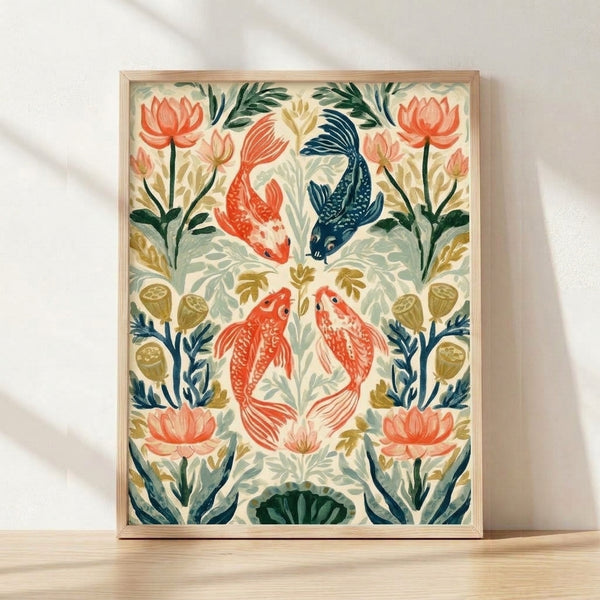 Serene art nouveau-style poster featuring coral red and navy blue koi fish swimming among sage green lotus flowers and water plants on a cream background with gold accents, framed on a wall.