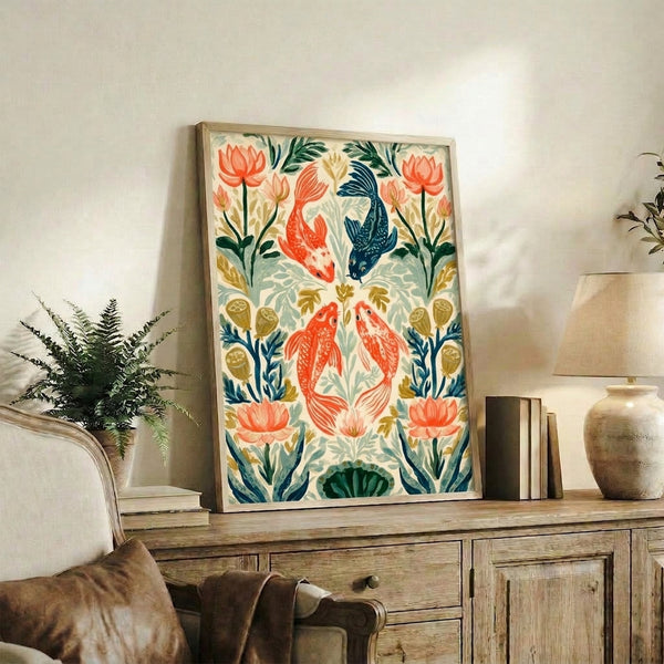 Japandi-inspired wall art with contemplative composition of graceful koi and floating lotus blooms in coral, navy, and sage green tones with warm gold details on cream.