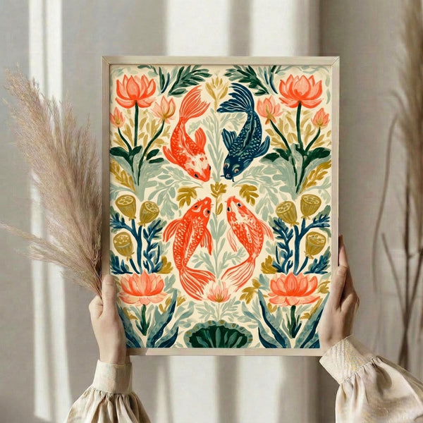 Boho zen garden print showcasing balanced koi fish and lotus flower pattern in rich coral red, deep navy, and muted sage green with cream and gilded elements, displayed as framed wall art.