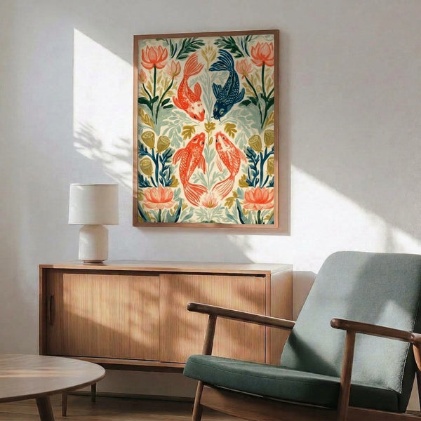 Serene botanical poster blending art nouveau and japandi aesthetics with koi and lotus motifs in coral, navy blue, sage green, and gold on an off-white ground, hung as wall decor.