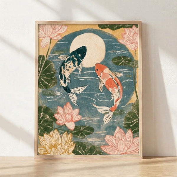 Serene Japanese woodblock-style art print featuring koi fish swimming among lotus flowers beneath a glowing moon, rendered in cream, gold, teal, and coral tones with Art Nouveau elegance.