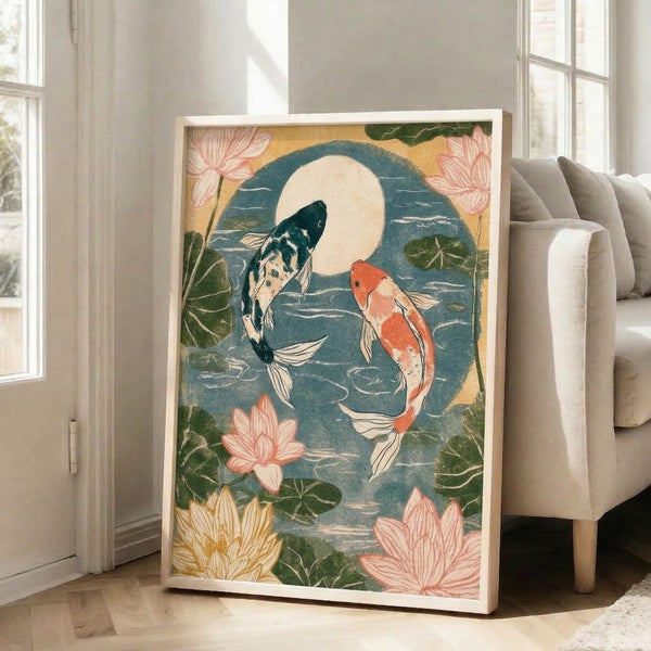 Contemplative pond scene with ornamental koi and blooming lotus flowers under moonlight, combining traditional Japanese woodblock techniques with flowing Art Nouveau design in harmonious cream, teal, and forest green hues.