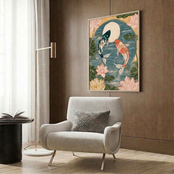 Framed poster art showcasing graceful koi gliding through moonlit waters with lotus blossoms, blending Japanese ukiyo-e style and Art Nouveau aesthetics in a serene palette of cream, coral red, and deep teals.