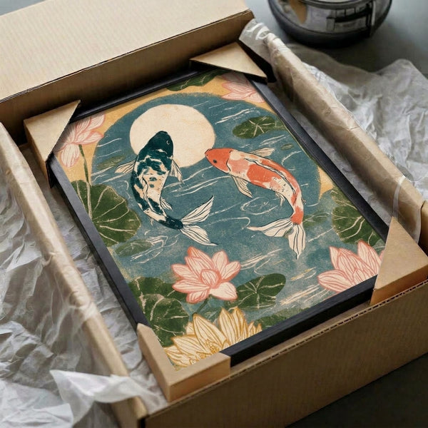 Peaceful wall art depicting koi fish among floating lotus flowers beneath the moon in classic Japanese woodblock and Art Nouveau style, featuring rich cream, gold, teal blue, and forest green tones.