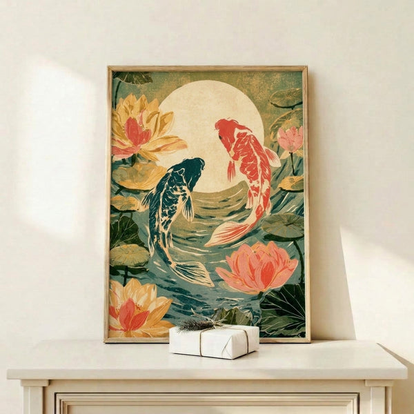 Contemplative Asian art print featuring graceful koi and blooming lotus flowers in a moonlit pond, styled in traditional Japanese woodblock aesthetic with a calming palette of soft greens, warm golds, and navy accents.