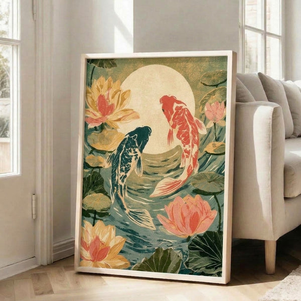 Framed poster art showing koi fish gliding through a tranquil lotus pond under a luminous full moon, combining Showa-era Japanese artistic techniques with cream, coral, and golden hues.