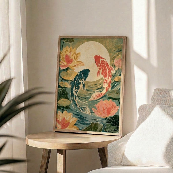 Harmonious Japanese-inspired wall art of koi and water lilies beneath moonlight, executed in a classic woodblock style with a serene composition in sage, cream, coral red, and deep blue tones.