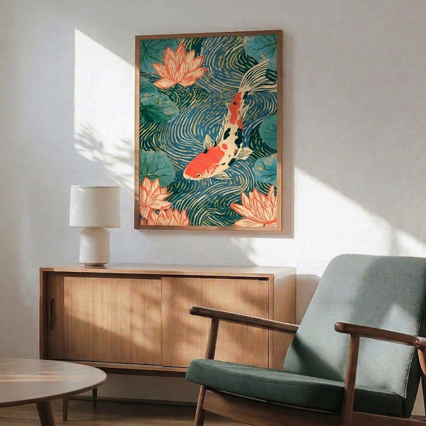Meditative Japandi art print showing graceful koi and blooming lotus flowers in a peaceful water garden composition with warm cream and cool teal hues.