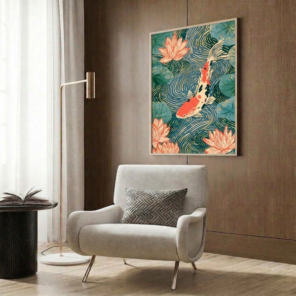 Tranquil framed wall art in Japanese aesthetic featuring swimming koi and lotus blossoms in balanced harmony, painted in coral, navy, gold, and cream.