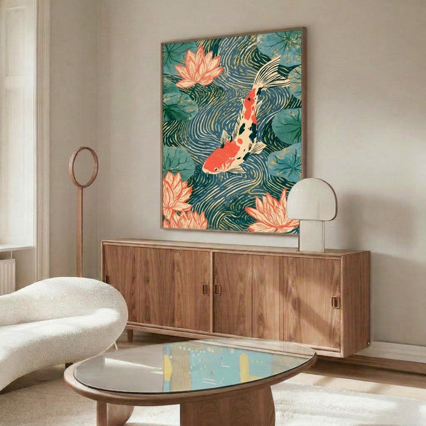 Calming Showa-inspired poster of koi fish and water lilies in a serene lotus pond, combining traditional Japanese woodblock technique with teal, coral, and metallic gold accents.