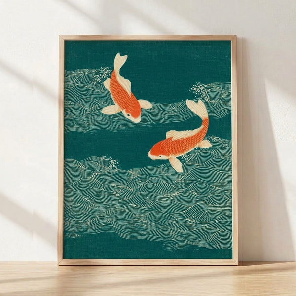 Japanese woodblock print featuring koi fish swimming through stylized waves in teal, seafoam, and rust-red tones on a cream background, creating a serene and balanced composition.