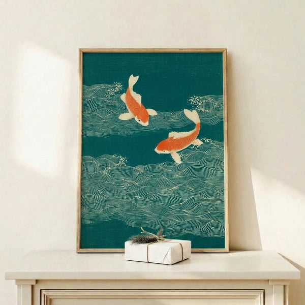 Minimalist woodblock art depicting graceful koi navigating flowing waves in soft seafoam and teal hues with rust-red accents, evoking a meditative, Zen-inspired mood.