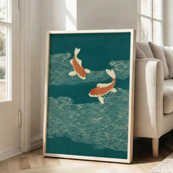 Serene Japanese-inspired woodblock poster showing koi fish among layered waves rendered in cream, teal, and rust tones with a calm, minimalist aesthetic.