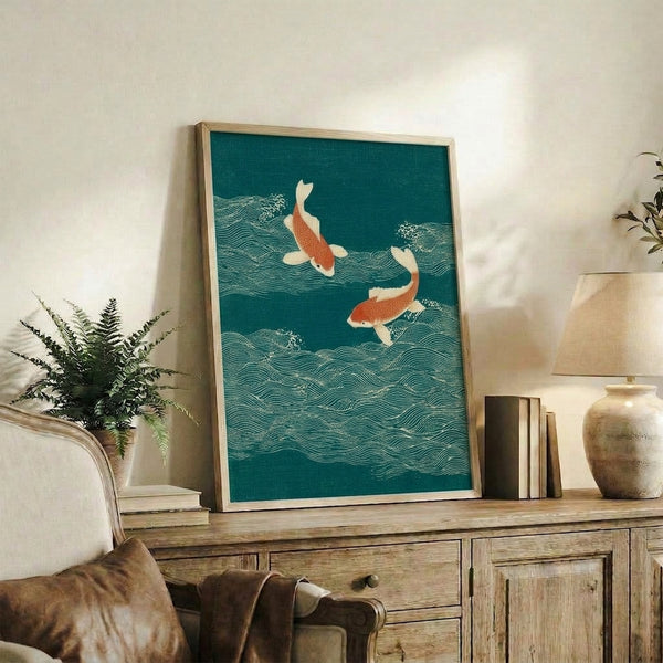 Meditative woodblock-style art print of koi fish and water waves in a balanced palette of teal, seafoam green, and rust-red, embodying peaceful Asian artistic tradition.
