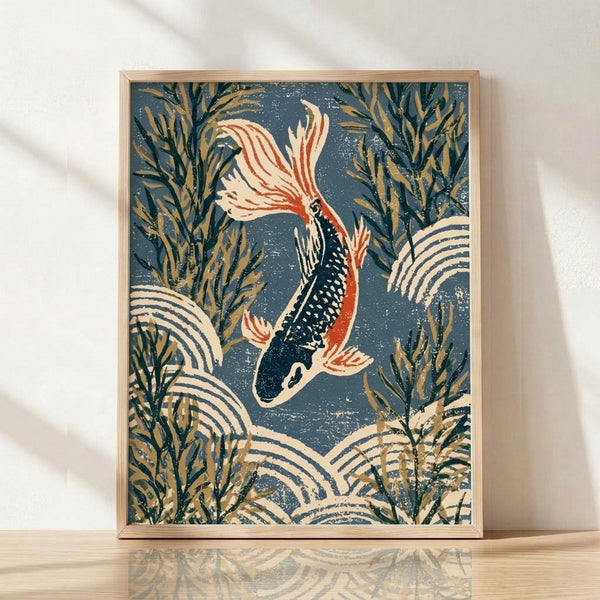Serene Japanese woodblock-style framed poster depicting colorful koi fish swimming among water plants and seaweed in shades of slate blue, coral red, and gold with cream accents.