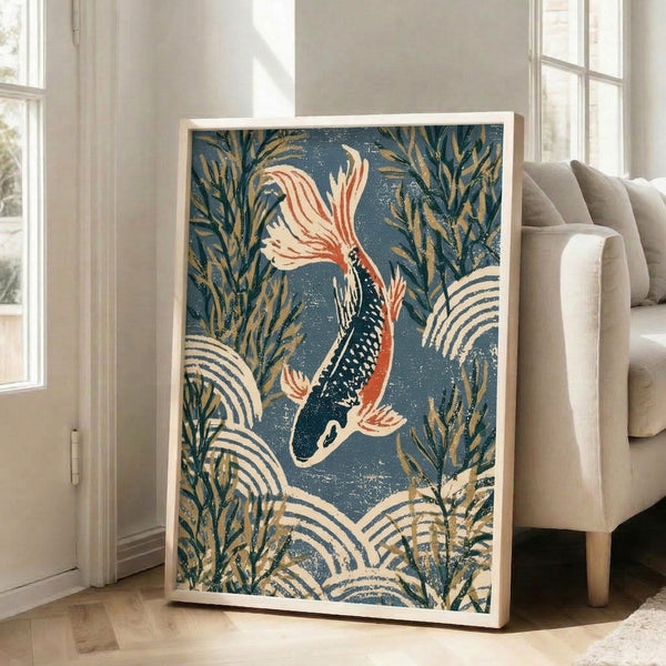 Vintage-inspired art print showing graceful koi fish in an underwater garden with aquatic flora, rendered in a classical Japanese aesthetic with dark teal and gold tones.