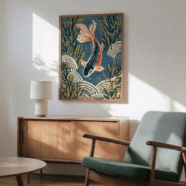 Japanese-style wall art print depicting peaceful koi swimming among elegant seaweed and water lilies, blending natural beauty with traditional woodblock artistry in cool and warm earth tones.