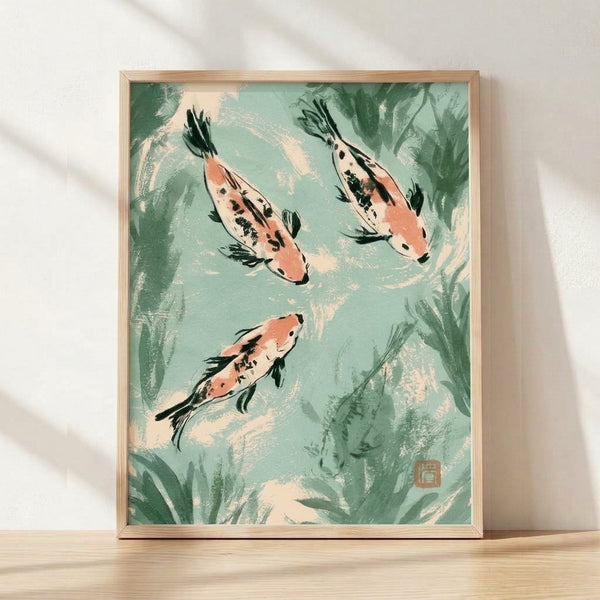 Serene Japanese ink painting of koi swimming among aquatic plants in sage green and cream tones, framed as a minimalist wall art print with zen aesthetic.