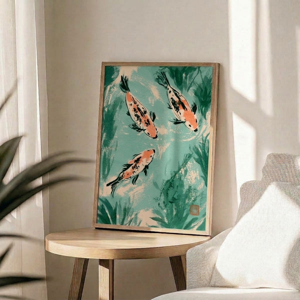 Japandi-style wabi sabi artwork featuring graceful koi fish in a meditative pond scene rendered in soft sage, pale jade, and coral hues on cream background.