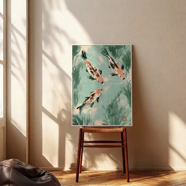 Minimalist Japanese woodblock-inspired poster depicting tranquil koi with water plants in muted sage green and black ink, evoking calm zen garden atmosphere.