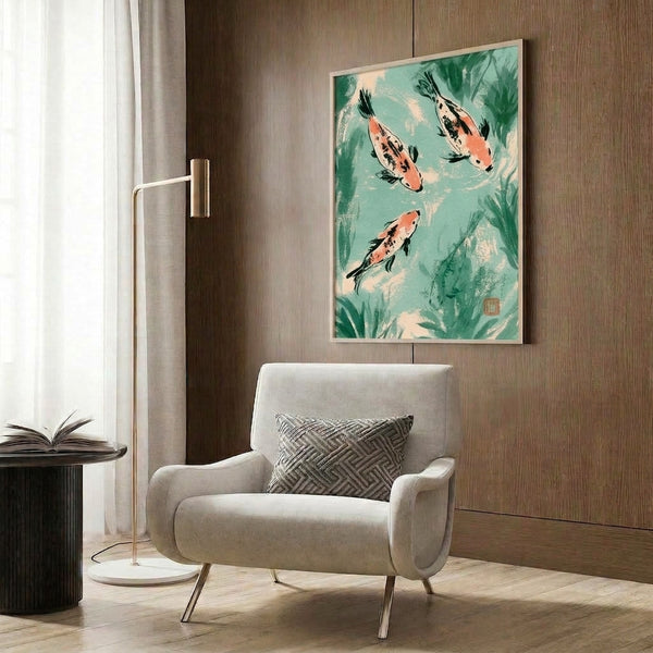 Meditative koi fish art print in traditional Japanese aesthetic, showing delicate aquatic life in soft sage and cream palette with coral accents, framed on wall.