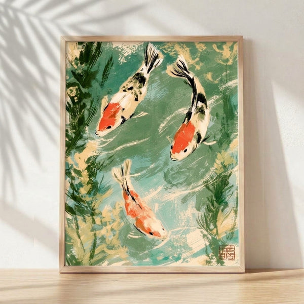Three koi fish swimming among aquatic plants in a serene Japanese woodblock-style painting with sage green, cream, rust, and black tones.
