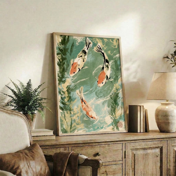 Japandi art print depicting three koi in a contemplative pond scene with flowing seaweed and plants, rendered in muted earth tones and pale yellow.