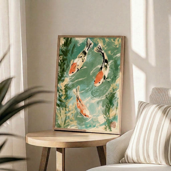 Framed Japanese-inspired koi pond painting showing three graceful fish amid aquatic vegetation in harmonious sage green, cream, and rust color palette.