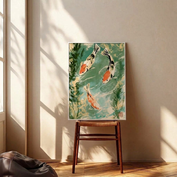 Serene Japandi poster art featuring three koi fish swimming through water plants with calming black, sage green, and cream watercolor tones.