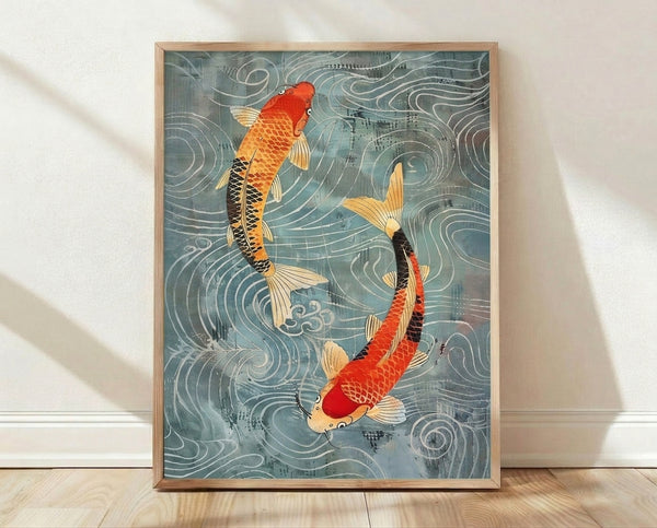 Framed Japanese woodblock-style poster depicting two koi fish swimming among flowing waves in sage green, red-orange, and pale blue tones with black linework on cream background.