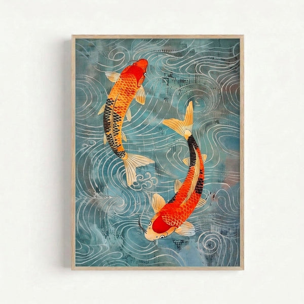 Serene wall art print showing two graceful koi fish in motion through water, rendered in traditional woodblock aesthetic with meditative color palette of muted greens, warm orange-red, and soft blues.