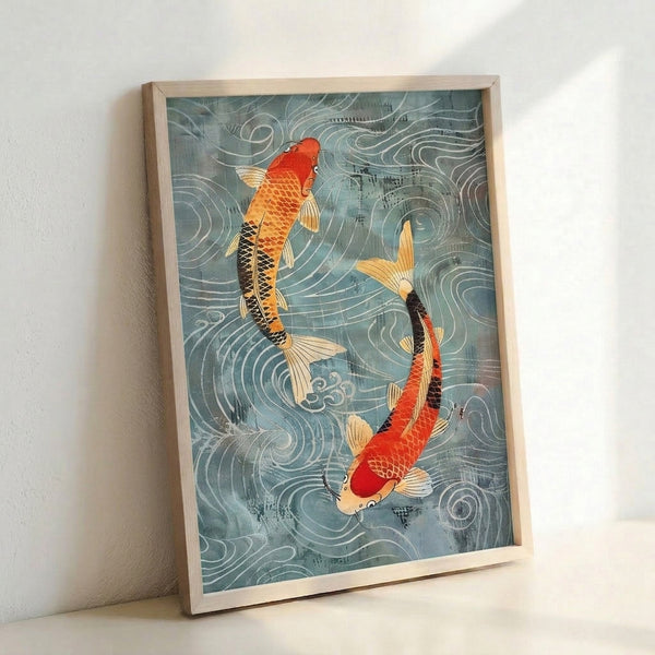 Calming framed poster featuring two koi fish gliding through stylized waves, executed in Japanese woodblock print style with sage green, cream, pale blue, and black accents.