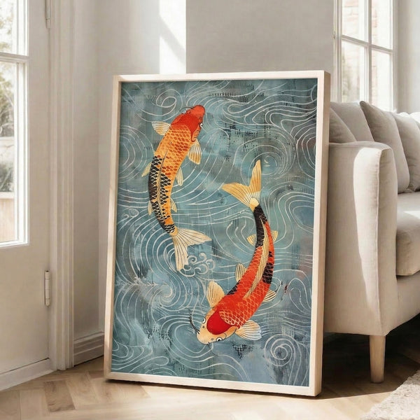 Wall-mounted art print of two swimming koi fish surrounded by flowing water motifs in warm red-orange and cool sage green hues, inspired by classical Japanese woodblock techniques.
