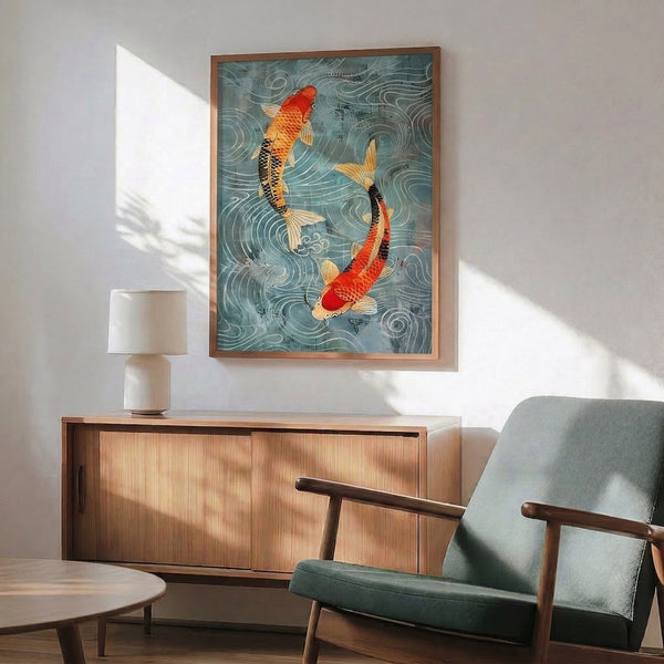 Meditative framed artwork showing a pair of koi fish amid rippling waves, rendered in serene Japanese woodblock style using cream, pale blue, sage green, and red-orange tones.