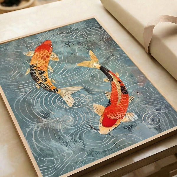 Tranquil poster art displaying two koi fish in flowing water, executed with the calm aesthetic of traditional Japanese woodblock prints in muted greens, soft blues, and warm orange accents.