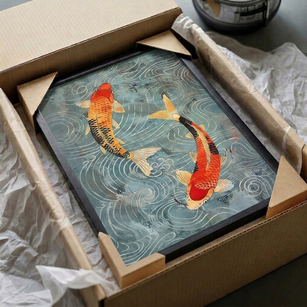 Framed wall art of two graceful koi navigating stylized waves in a serene composition, featuring Japanese woodblock print style with cream, sage green, pale blue, and red-orange palette.