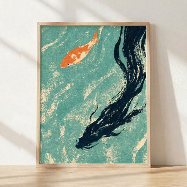 Minimalist Japanese art print featuring a swimming koi fish within a flowing enso circle in teal, cream, and orange tones, evoking a serene, meditative aesthetic.