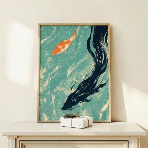 Vintage-inspired woodblock style poster of an orange koi gliding through water with an enso brushstroke in navy and cream, creating a calm, contemplative mood.