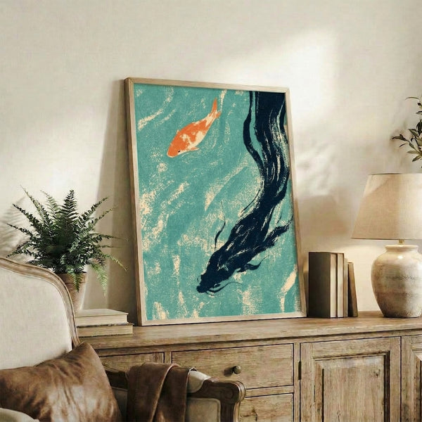 Framed zen wall art depicting a graceful koi fish swimming within an enso circle rendered in soothing teal, cream, and black tones in Japanese minimalist style.