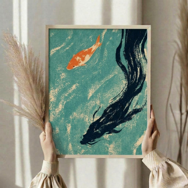 Serene Japanese-inspired art print showing a koi fish flowing through water with an elegant enso design in warm orange and cool teal hues against a cream background.